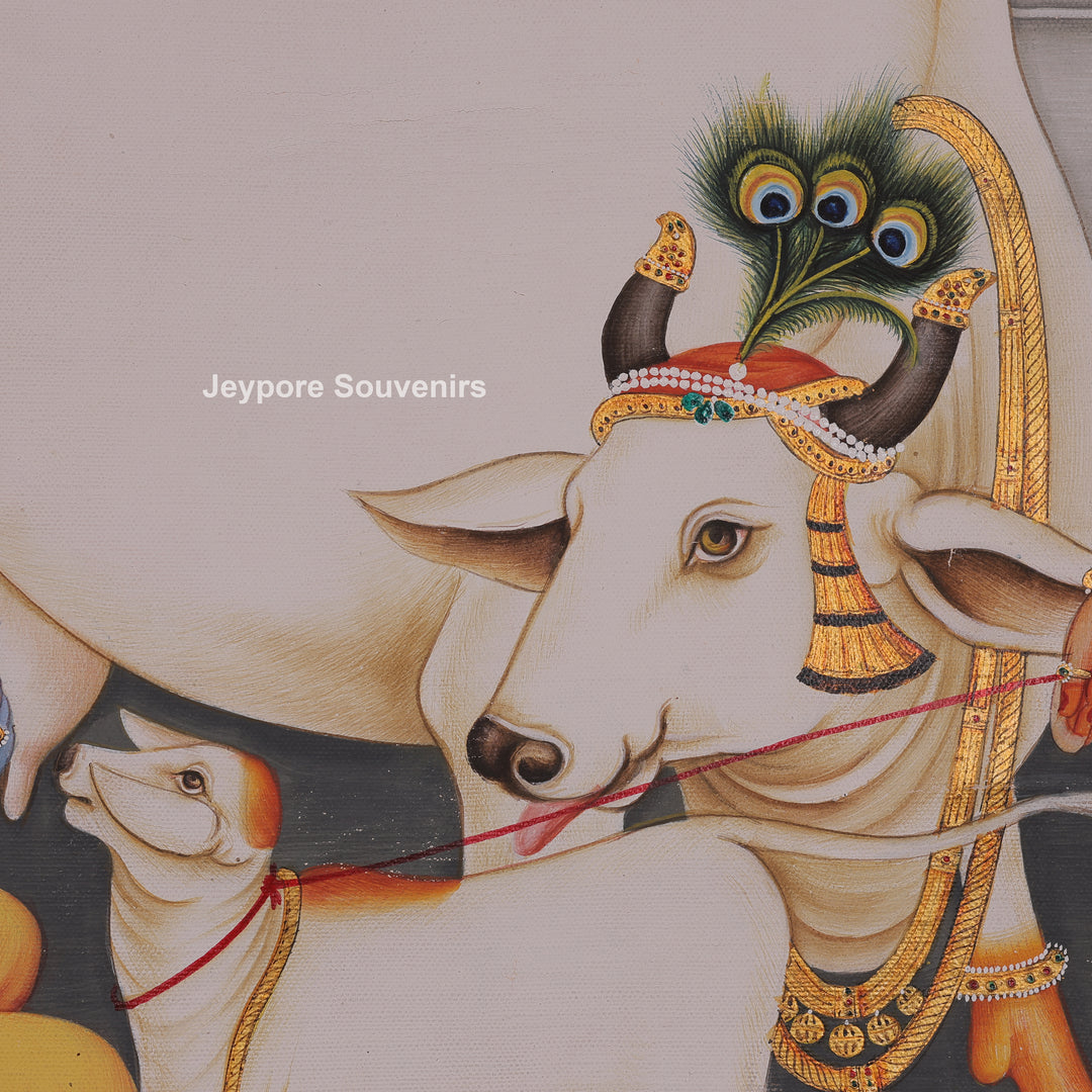 Krishna and Radha with Cow and Calf - Canvas Painting