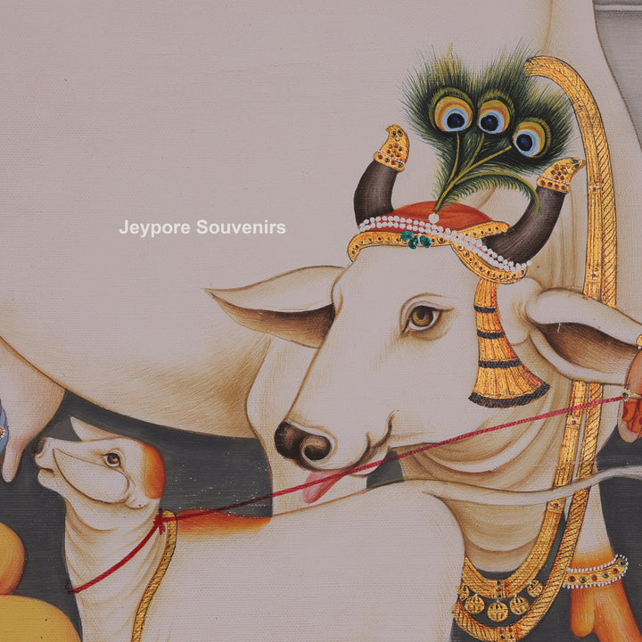Krishna and Radha with Cow and Calf - Canvas Painting