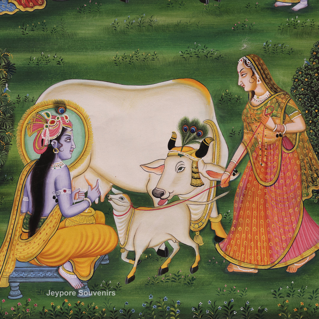 Handcrafted Krishna With Cow Pichwai Painting on Cotton Cloth