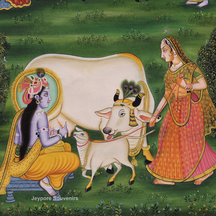 Handcrafted Krishna With Cow Pichwai Painting on Cotton Cloth
