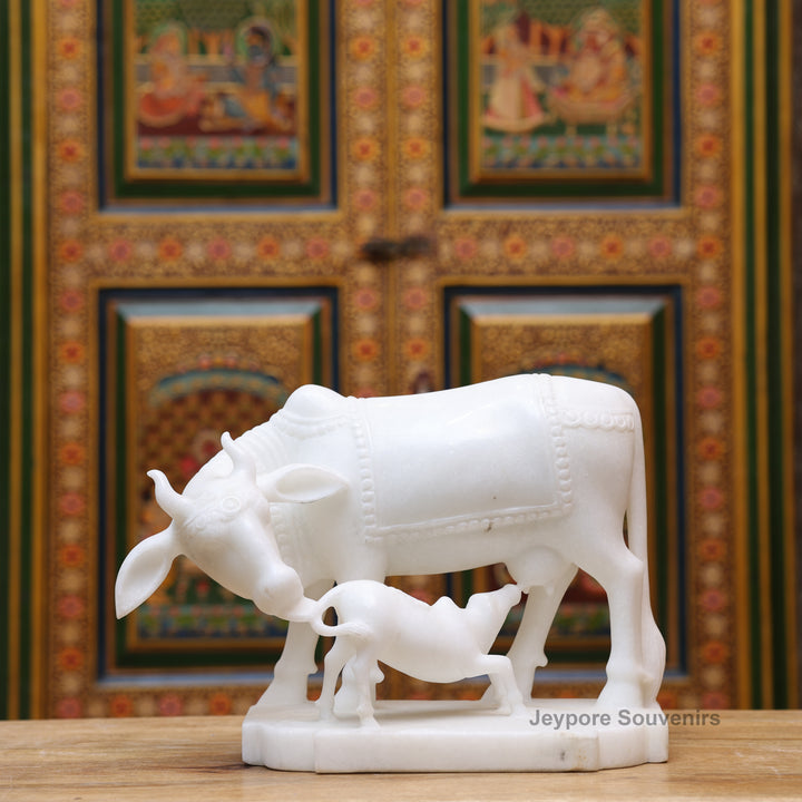 10" Pure White Marble Cow and Calf Statue