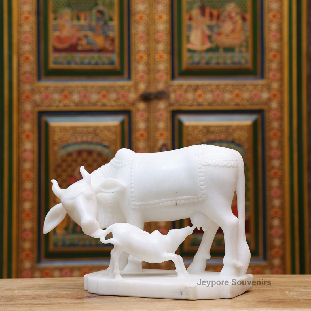 10" Pure White Marble Cow and Calf Statue