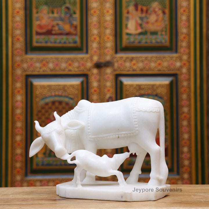 10" Pure White Marble Cow and Calf Statue