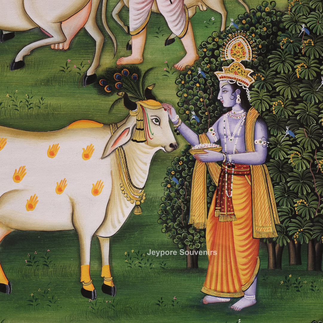 Handcrafted Krishna With Cow Pichwai Painting on Cotton Cloth
