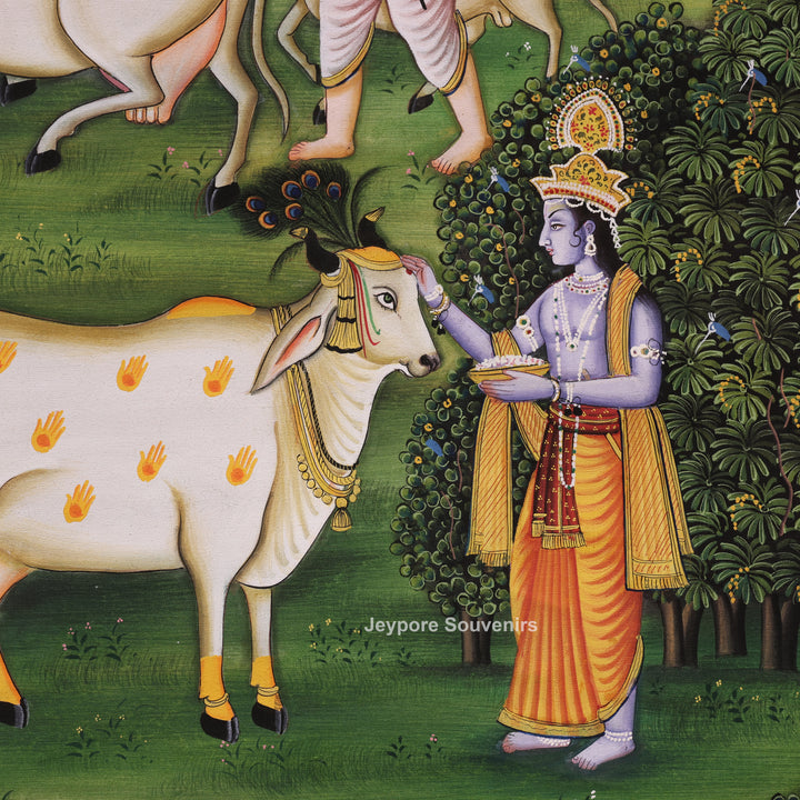 Handcrafted Krishna With Cow Pichwai Painting on Cotton Cloth