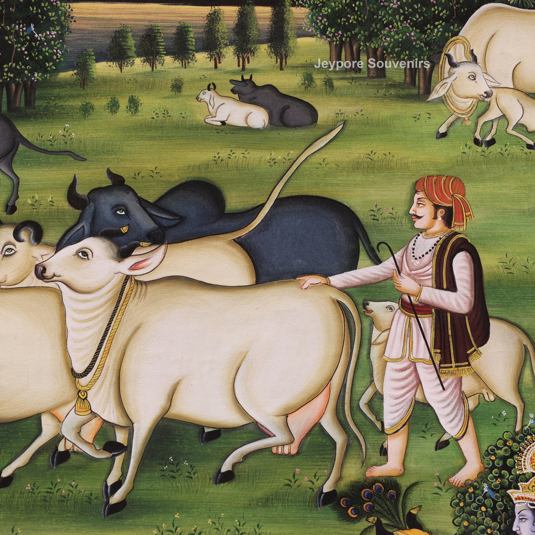 Handcrafted Krishna With Cow Pichwai Painting on Cotton Cloth