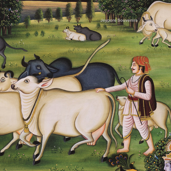 Handcrafted Krishna With Cow Pichwai Painting on Cotton Cloth