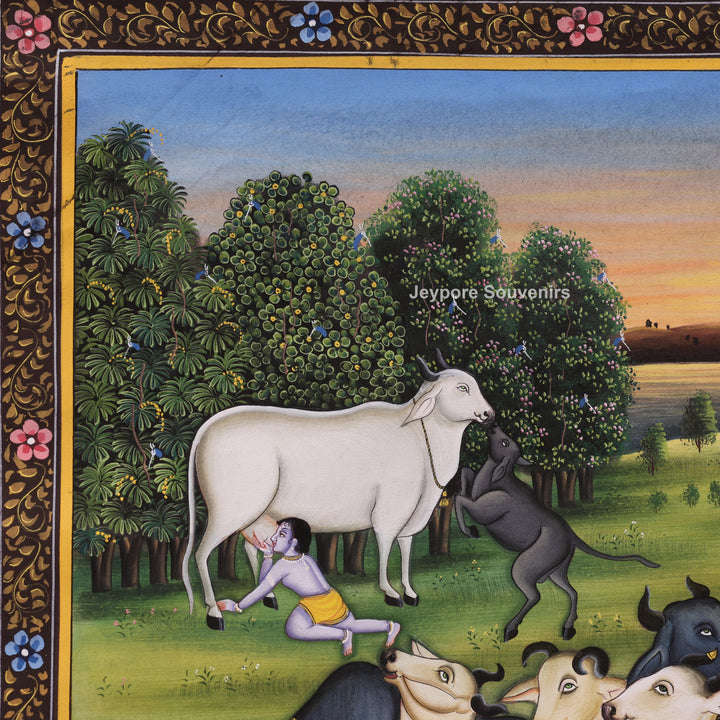 Handcrafted Krishna With Cow Pichwai Painting on Cotton Cloth