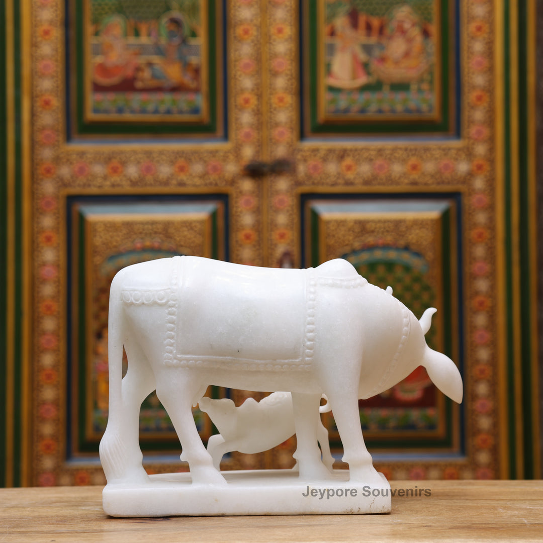 10" Pure White Marble Cow and Calf Statue