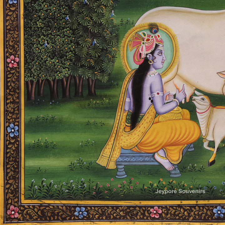 Handcrafted Krishna With Cow Pichwai Painting on Cotton Cloth