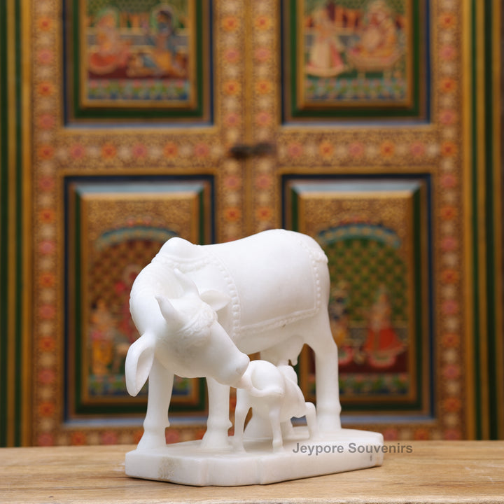 10" Pure White Marble Cow and Calf Statue