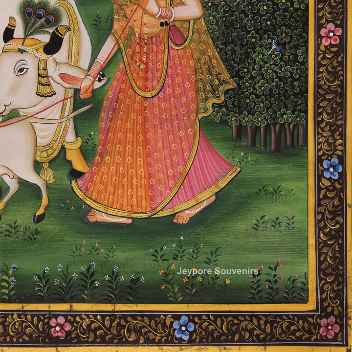 Handcrafted Krishna With Cow Pichwai Painting on Cotton Cloth