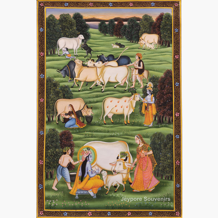 Handcrafted Krishna Leela With Cows Pichwai Painting on Cotton Cloth