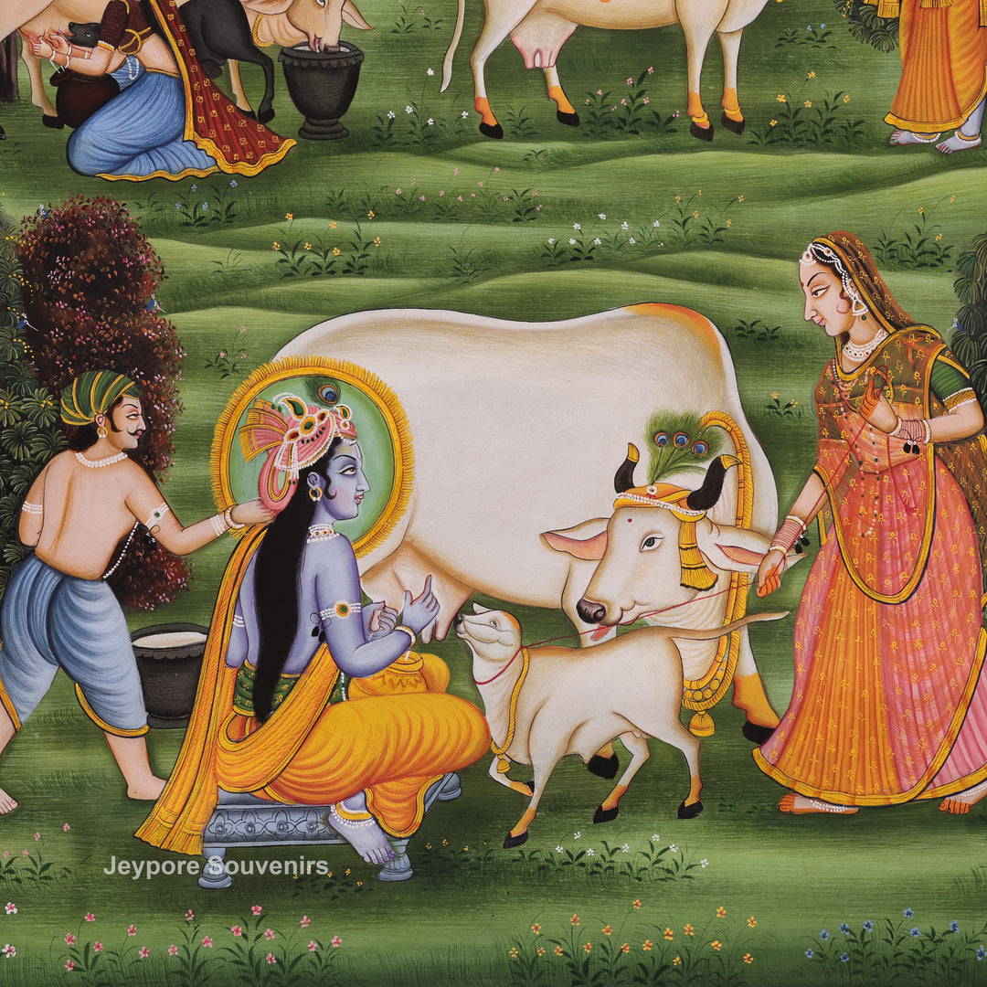 Handcrafted Krishna Leela With Cows Pichwai Painting on Cotton Cloth