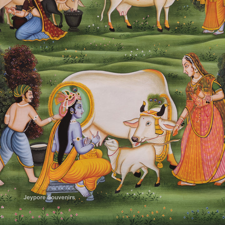 Handcrafted Krishna Leela With Cows Pichwai Painting on Cotton Cloth