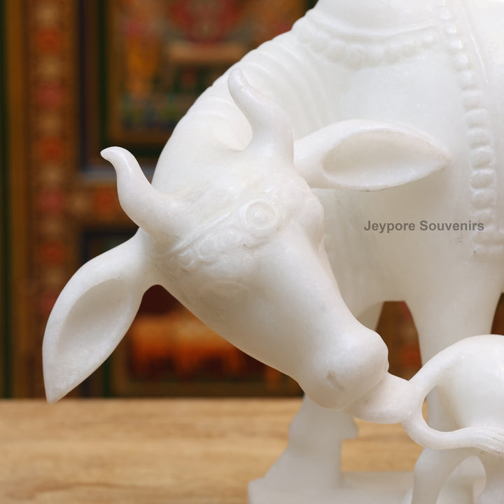 10" Pure White Marble Cow and Calf Statue