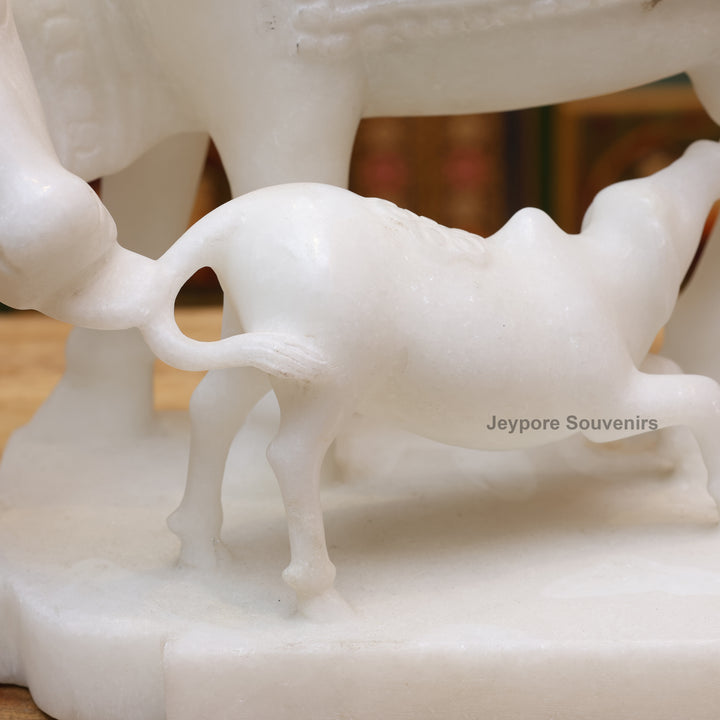 10" Pure White Marble Cow and Calf Statue