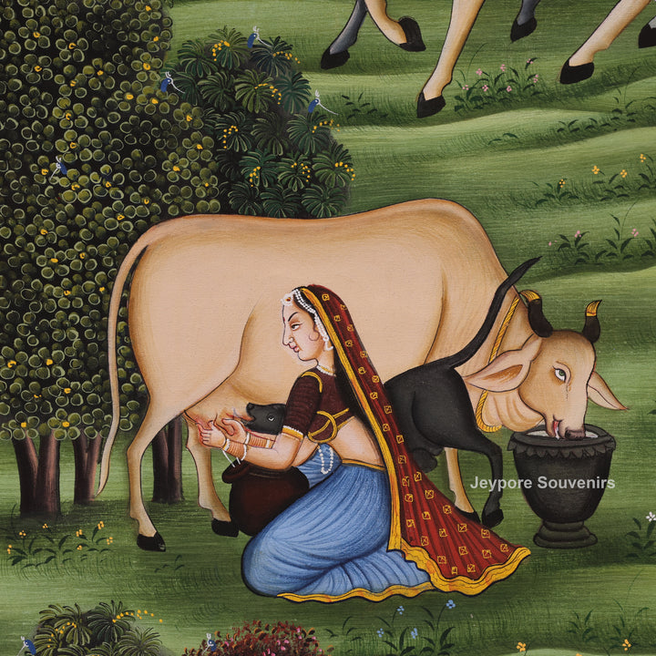 Handcrafted Krishna Leela With Cows Pichwai Painting on Cotton Cloth