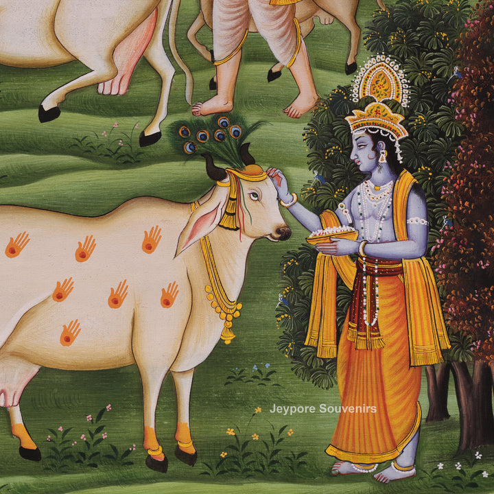 Handcrafted Krishna Leela With Cows Pichwai Painting on Cotton Cloth