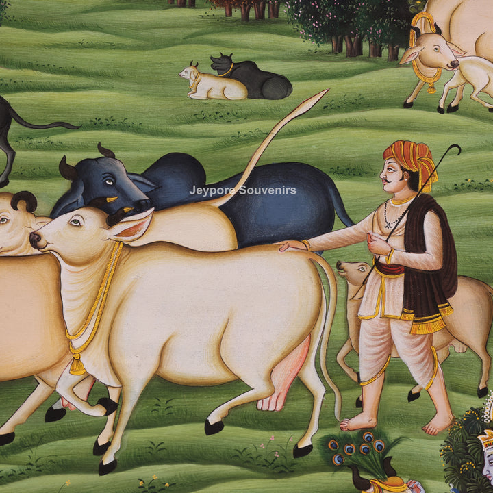 Handcrafted Krishna Leela With Cows Pichwai Painting on Cotton Cloth