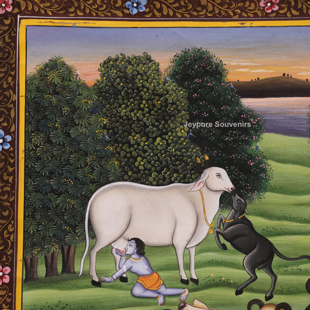 Handcrafted Krishna Leela With Cows Pichwai Painting on Cotton Cloth