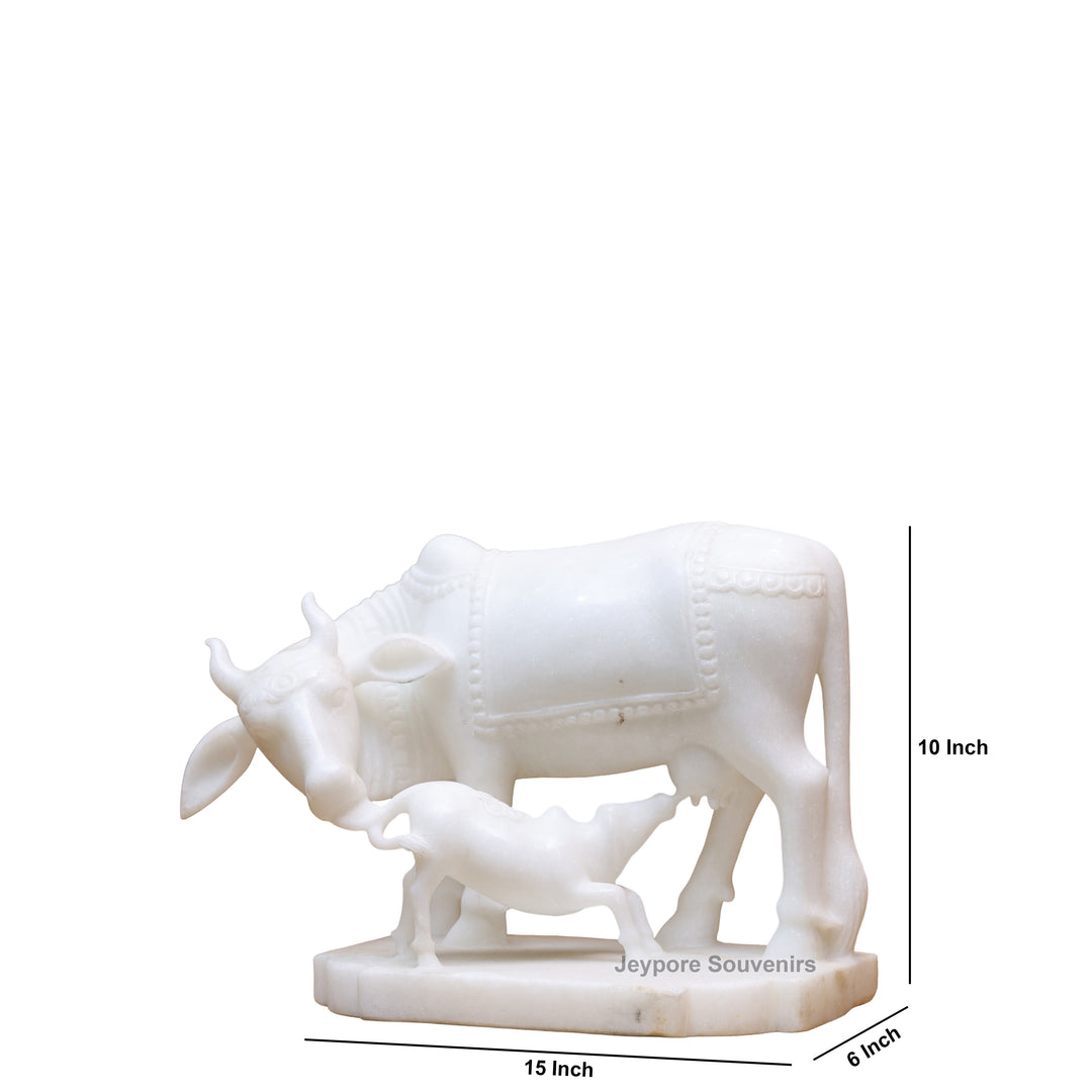 10" Pure White Marble Cow and Calf Statue