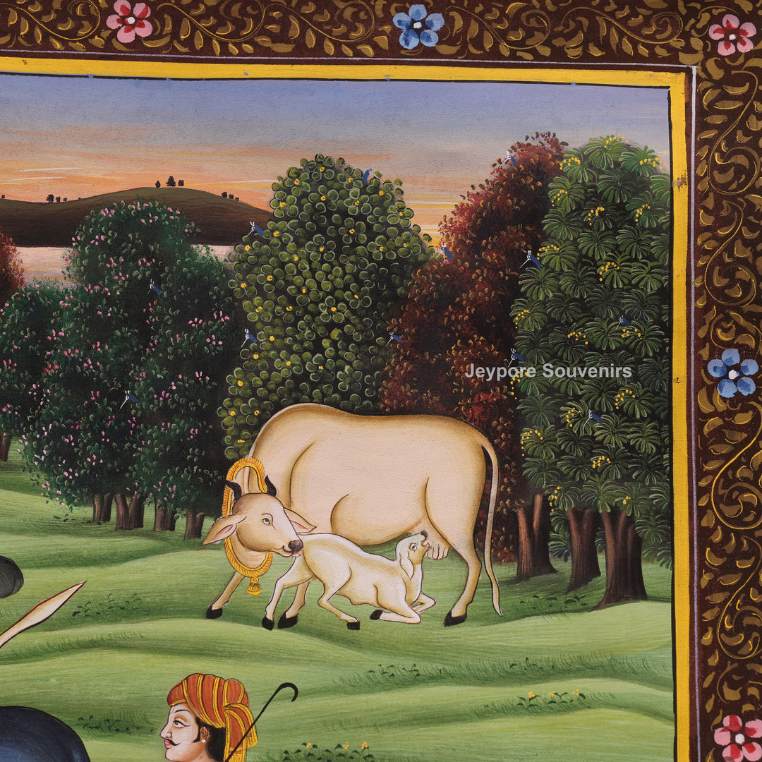 Handcrafted Krishna Leela With Cows Pichwai Painting on Cotton Cloth