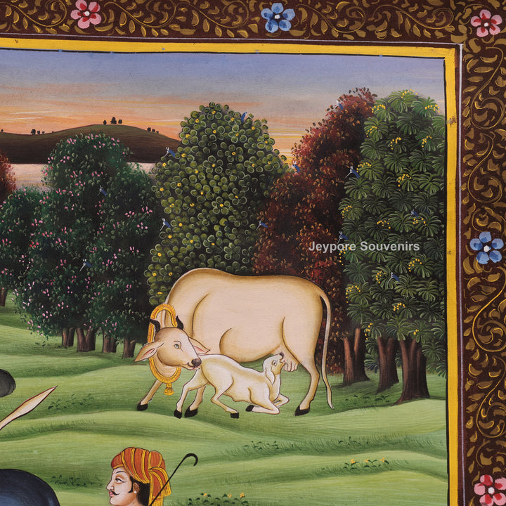 Handcrafted Krishna Leela With Cows Pichwai Painting on Cotton Cloth
