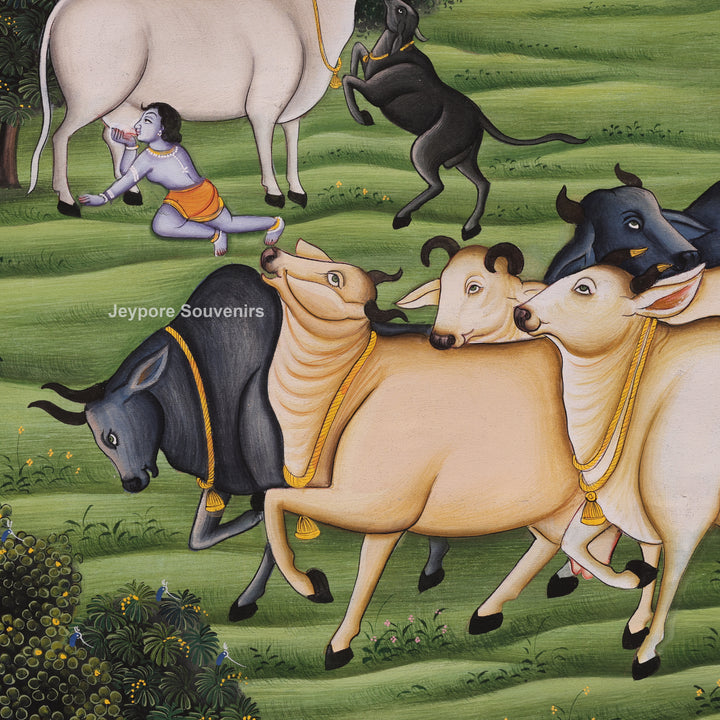 Handcrafted Krishna Leela With Cows Pichwai Painting on Cotton Cloth