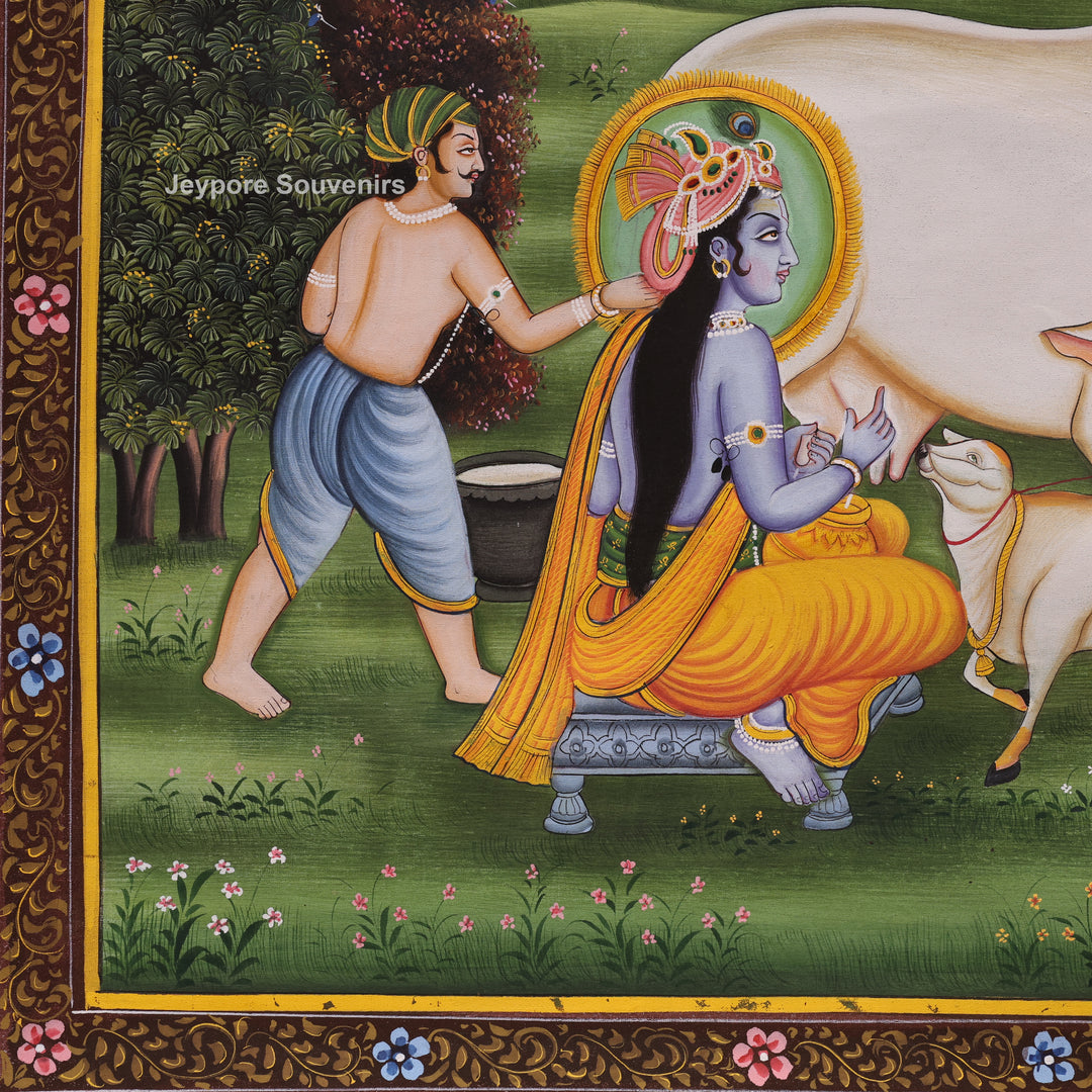 Handcrafted Krishna Leela With Cows Pichwai Painting on Cotton Cloth