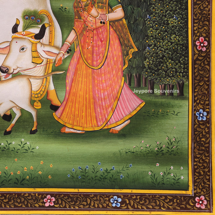 Handcrafted Krishna Leela With Cows Pichwai Painting on Cotton Cloth
