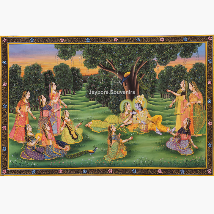 Handcrafted Radha Krishna with Gopis Raas Leela Pichwai Painting on Cotton Cloth