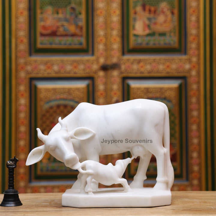 10" Pure White Marble Cow &amp; Calf Statue