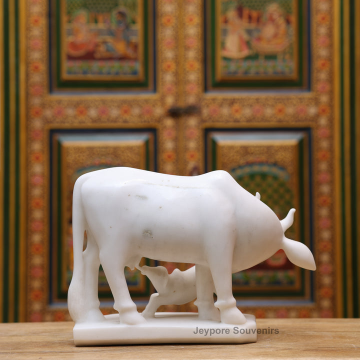10" Pure White Marble Cow &amp; Calf Statue