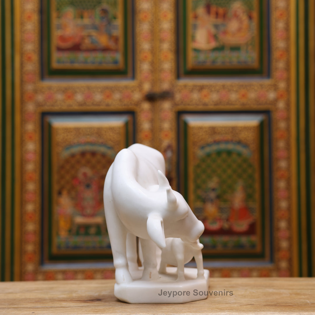 10" Pure White Marble Cow &amp; Calf Statue