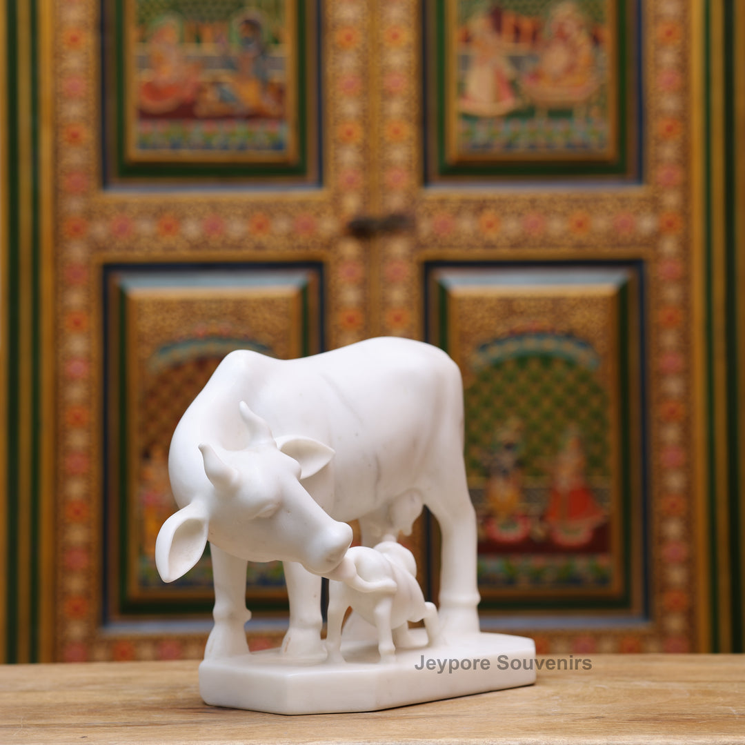 10" Pure White Marble Cow &amp; Calf Statue