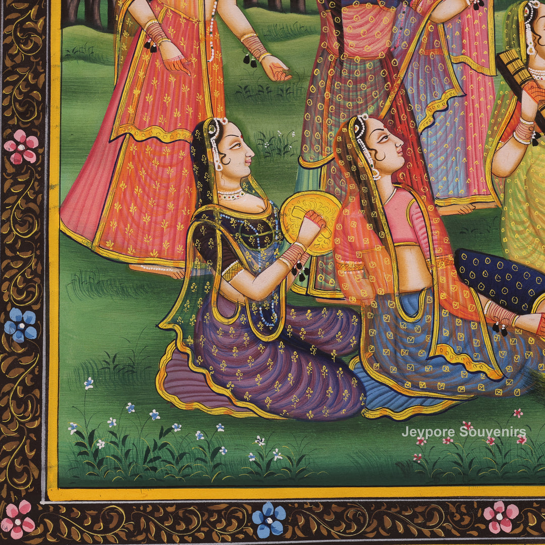Handcrafted Radha Krishna with Gopis Raas Leela Pichwai Painting on Cotton Cloth