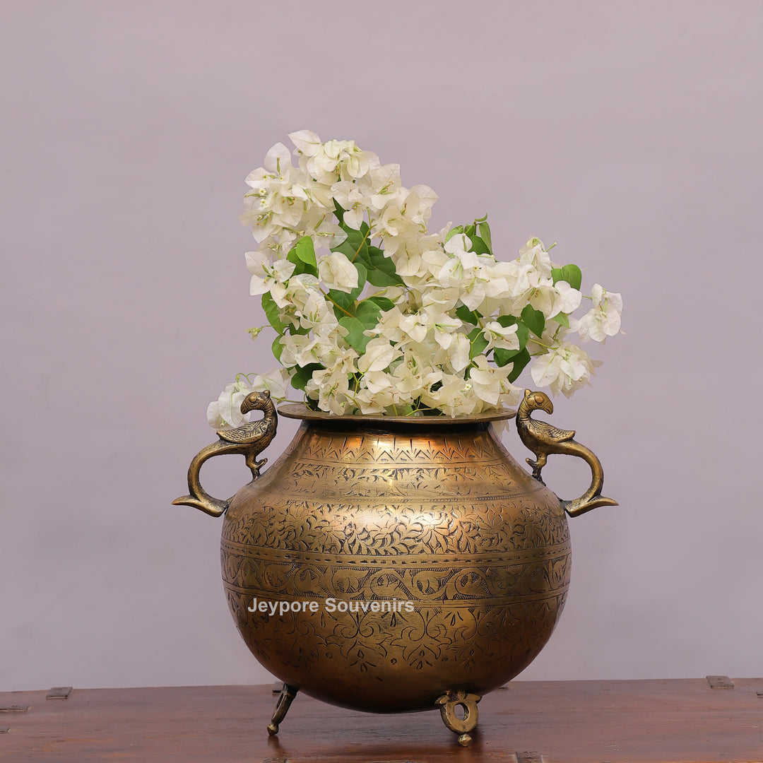 Handcrafted Engraved Brass Planter Pot with Peacock Handles