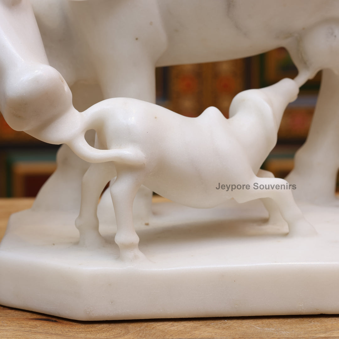 10" Pure White Marble Cow &amp; Calf Statue