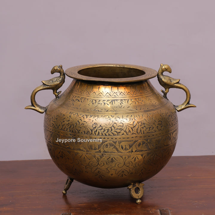 Handcrafted Engraved Brass Planter Pot with Peacock Handles