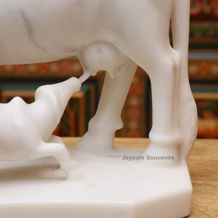 10" Pure White Marble Cow &amp; Calf Statue