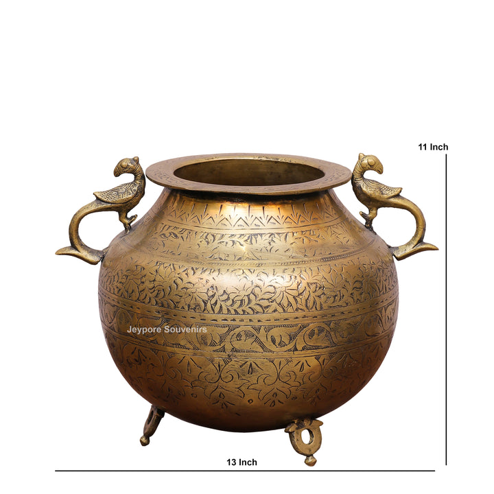 Handcrafted Engraved Brass Planter Pot with Peacock Handles