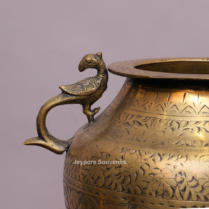 Handcrafted Engraved Brass Planter Pot with Peacock Handles