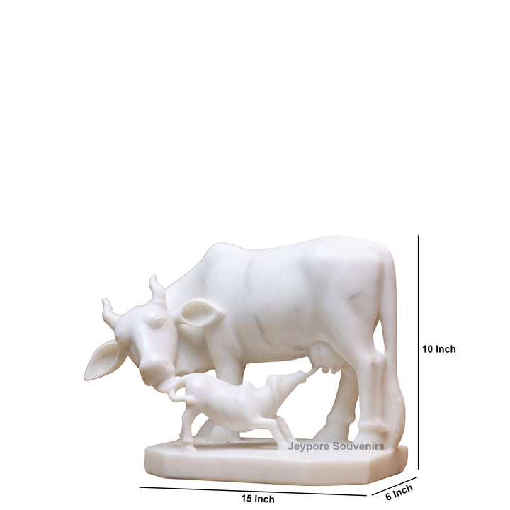 10" Pure White Marble Cow &amp; Calf Statue