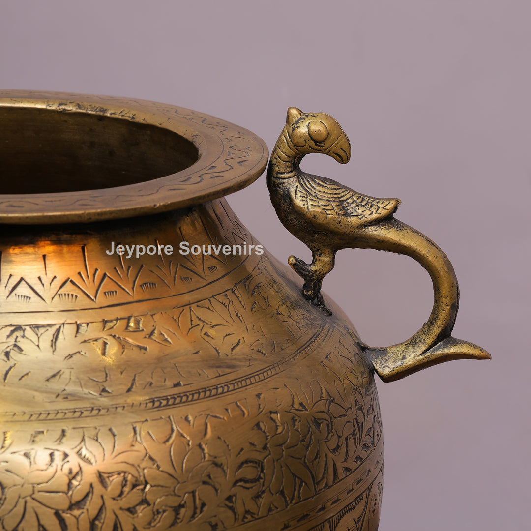 Handcrafted Engraved Brass Planter Pot with Peacock Handles