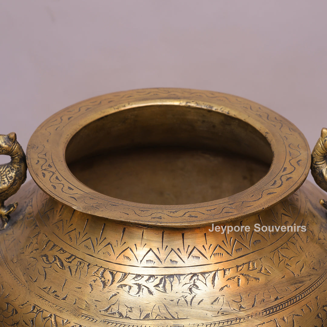 Handcrafted Engraved Brass Planter Pot with Peacock Handles
