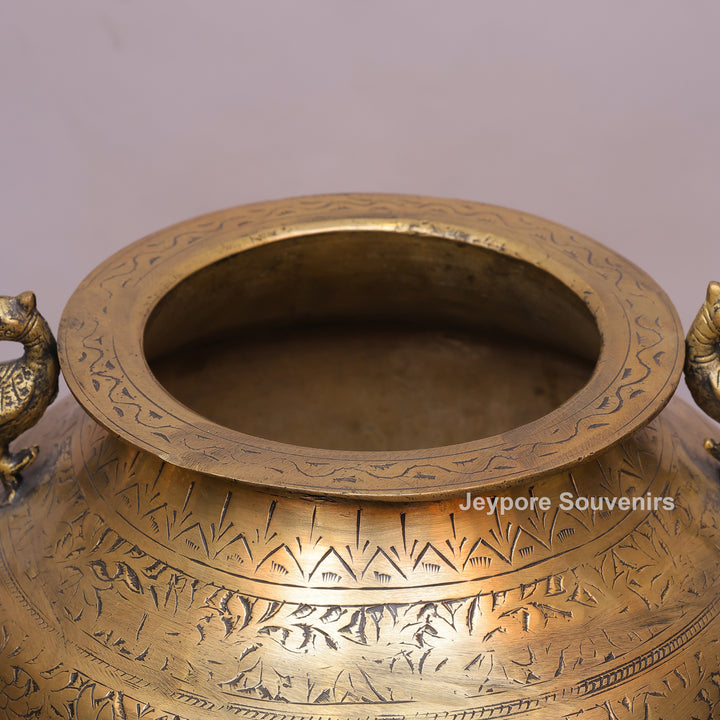 Handcrafted Engraved Brass Planter Pot with Peacock Handles