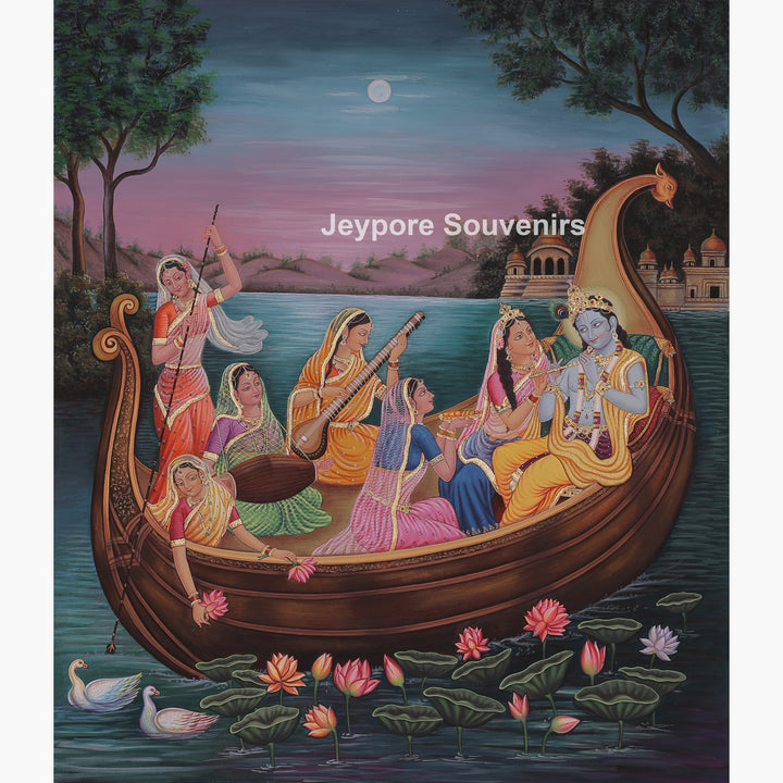 Krishna Radha Sitting In A Boat With Devotee&