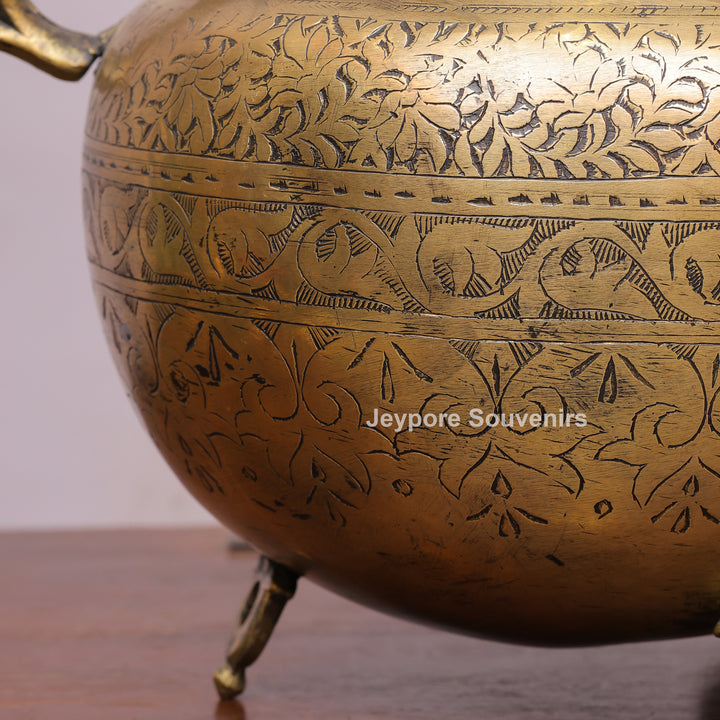 Handcrafted Engraved Brass Planter Pot with Peacock Handles