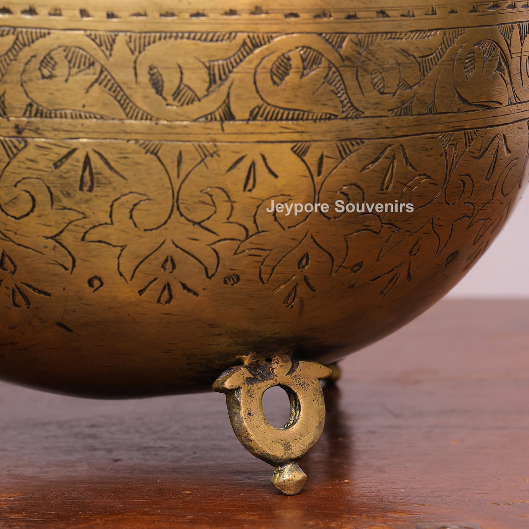 Handcrafted Engraved Brass Planter Pot with Peacock Handles
